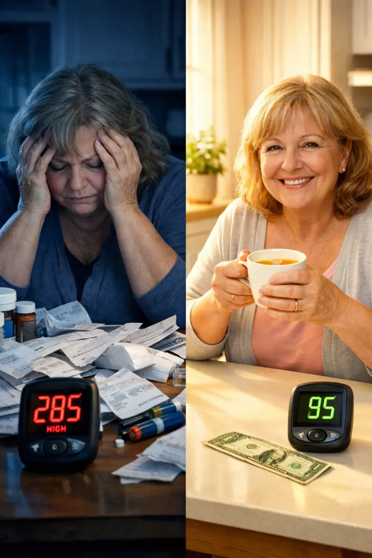 Before and after comparison: stressed older woman with medical bills and high blood sugar (285) versus the same woman smiling with normal glucose (95) and a one-dollar bill, illustrating an affordable diabetes solution.
