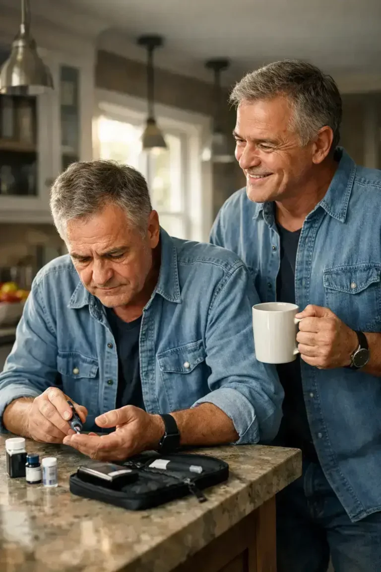 Identical twin brothers in a kitchen: one is looking stressed while checking his blood sugar with a monitor, while the other healthy twin smiles and watches, illustrating the genetic mystery of type 2 diabetes.